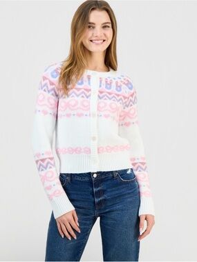 White and Pink Patterned Crewneck Button Cardigan Sweater